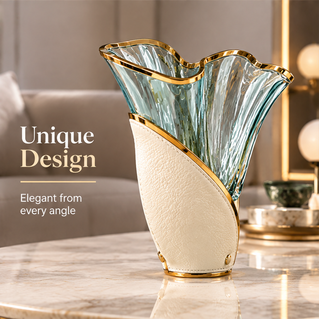 Overhead view of the sage-green wave vase showing its wide opening and floral styling suggestions.
