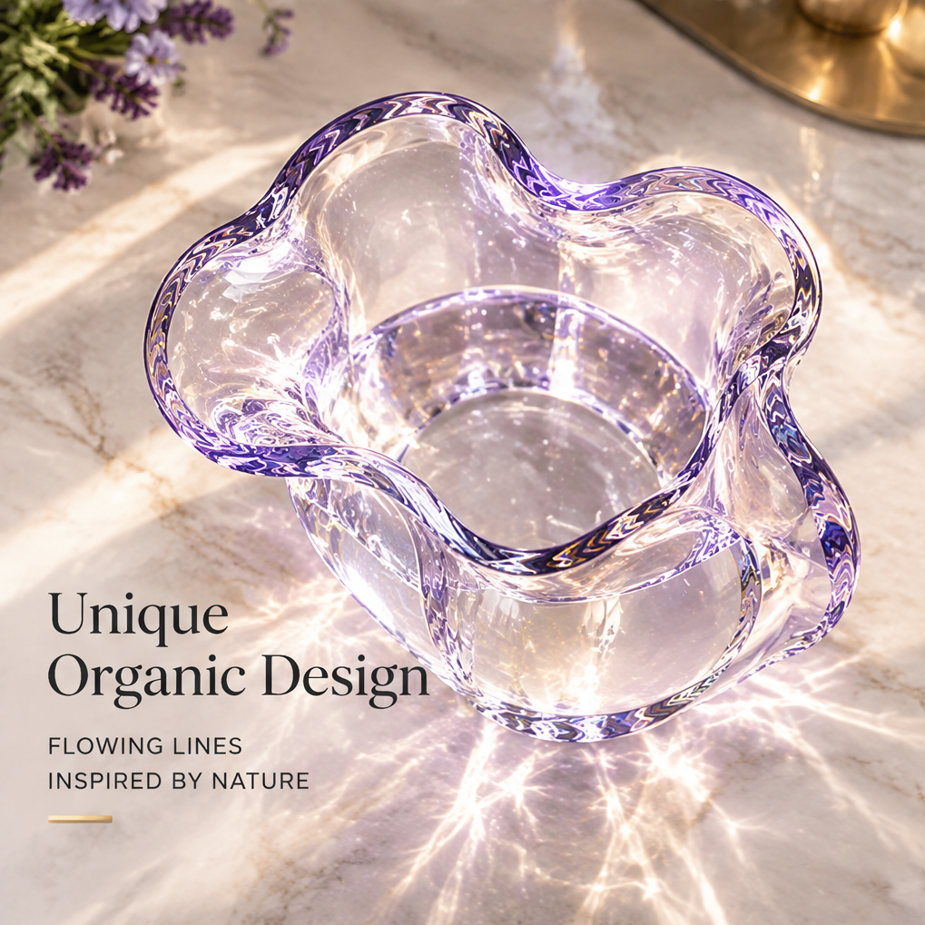 Close-up of the lavender wave rim with crystal glass clarity and durability information.