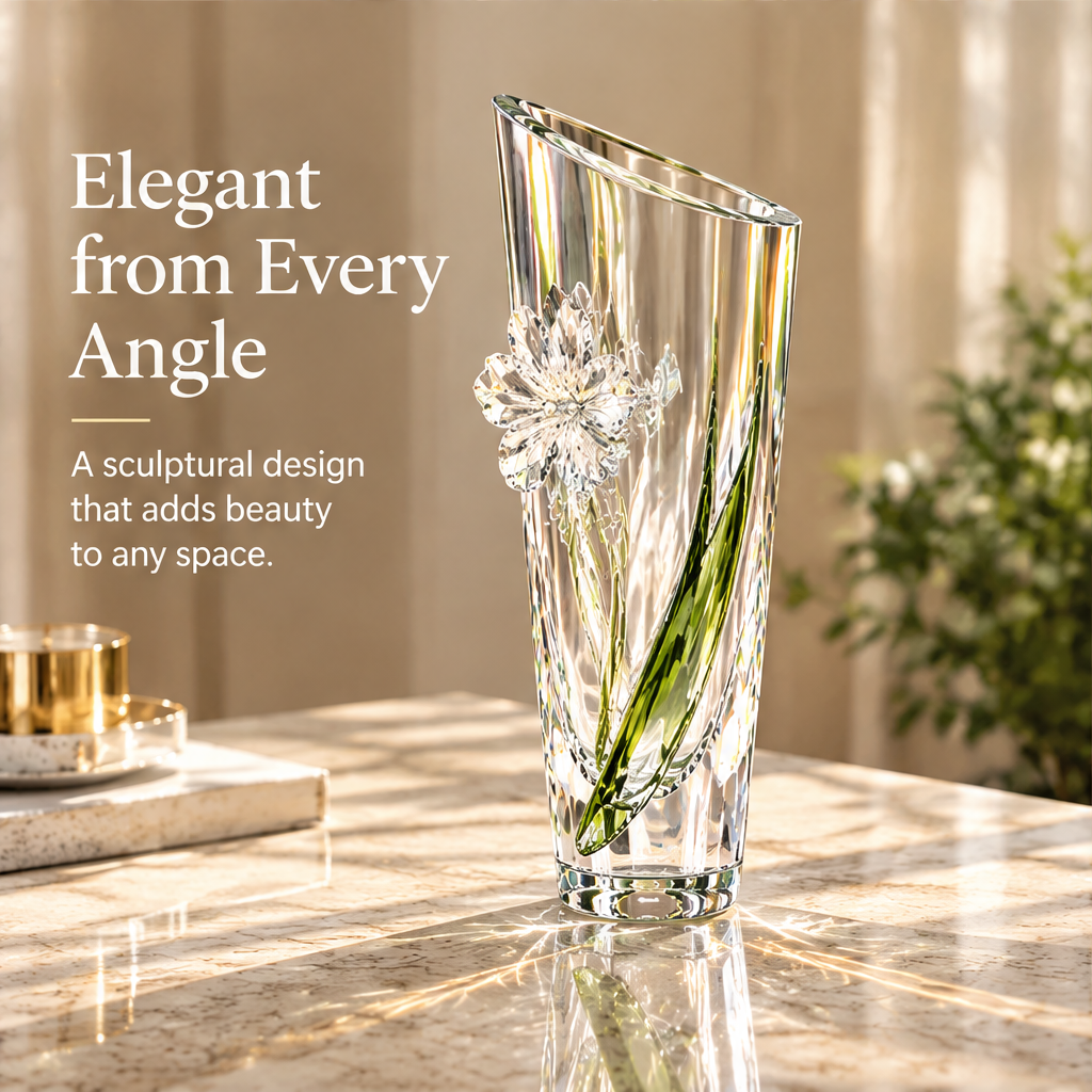 Close-up of the vase's faceted flower detail with crystal glass material information.