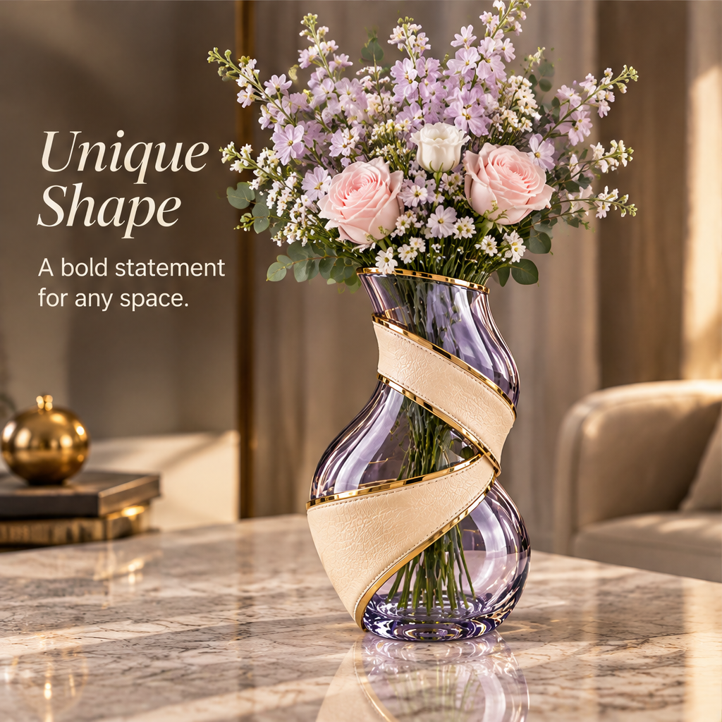 Opposite-side view of the lavender twist vase and cream bands with unique shape text.