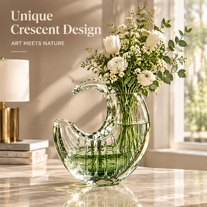 Overhead view of the crescent vase and floral arrangement with styling and care features.