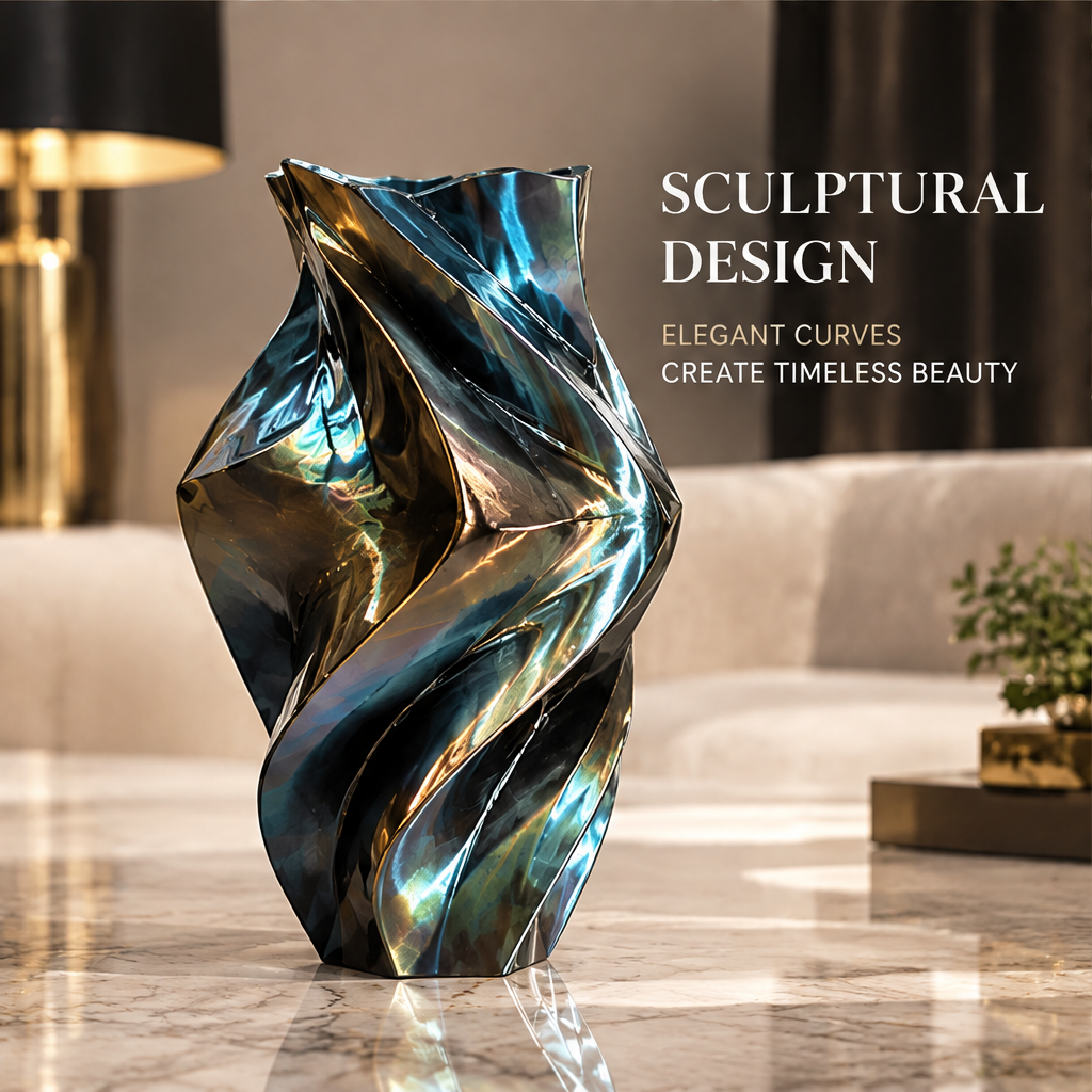 Empty dark sculptural spiral vase showing twisting folds and blue and gold-toned highlights.