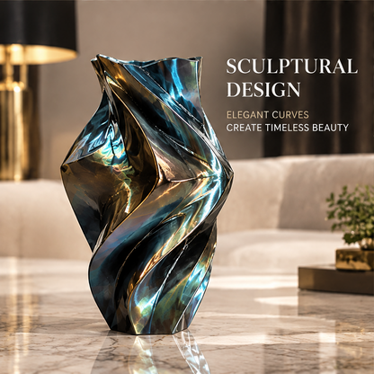 Empty dark sculptural spiral vase showing twisting folds and blue and gold-toned highlights.