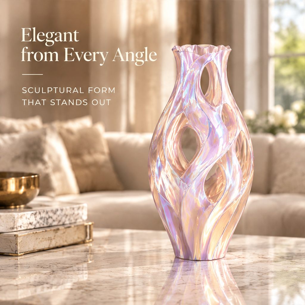 Empty lavender pink sculptural vase with flowing openwork curves and a rippled rim.