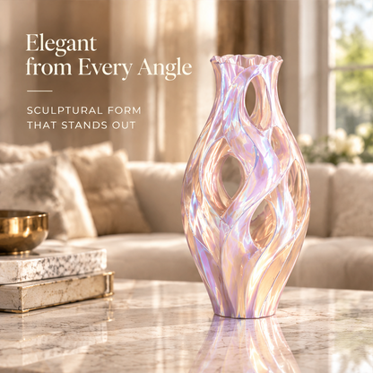 Empty lavender pink sculptural vase with flowing openwork curves and a rippled rim.