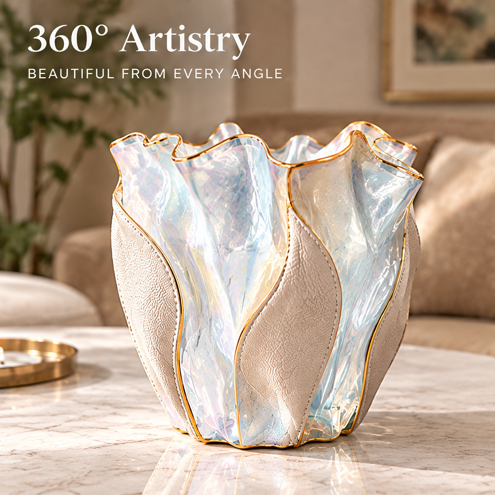 Overhead view of the ruffled vase with pale blue and white flowers and room styling suggestions.