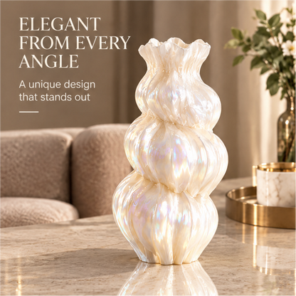 Close-up of the pearl white vase's curved rim and resin surface with material details.