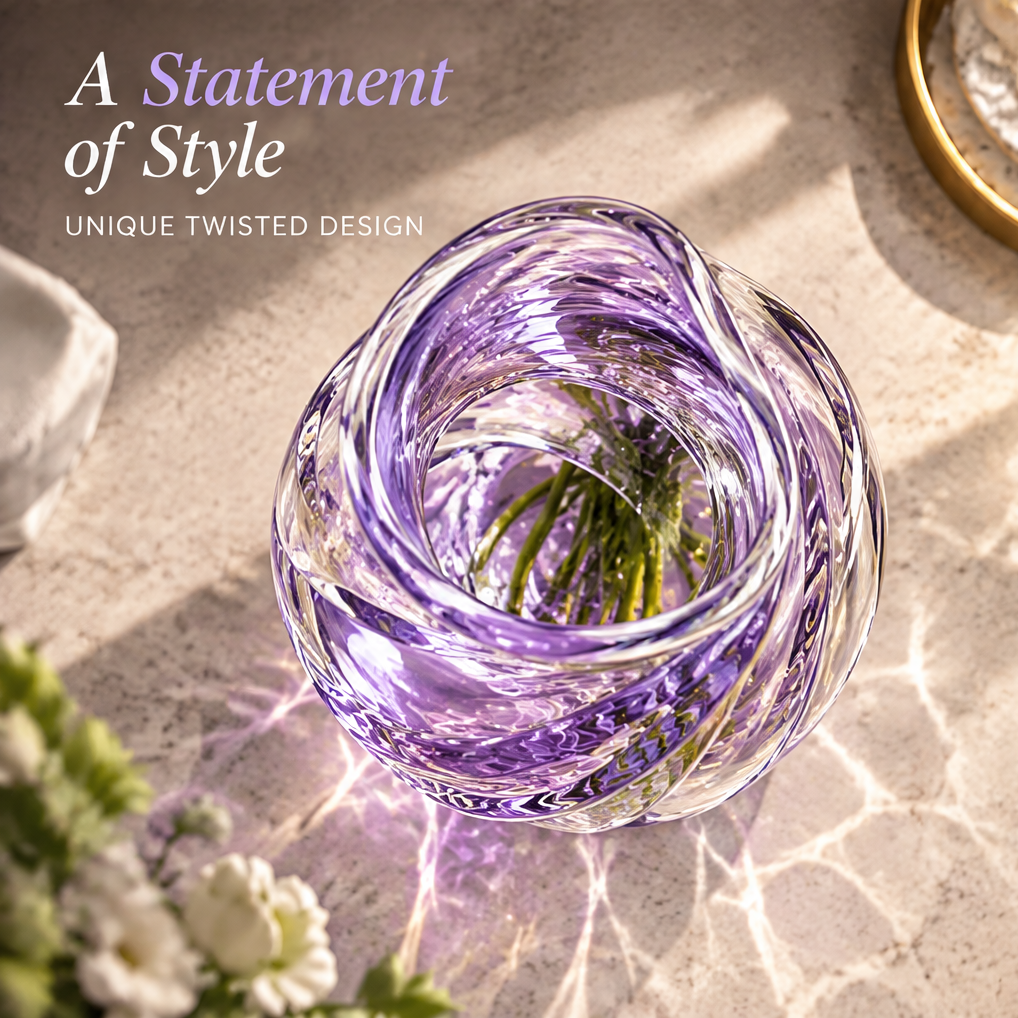 Close-up of the lavender ribbon curves with crystal glass clarity and smooth finish information.