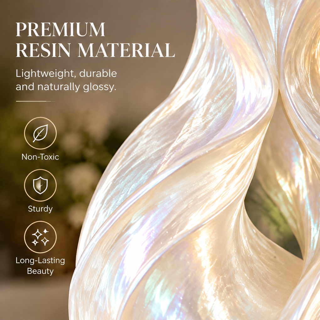 Close-up of the pearl white vase's glossy curved surface with resin material information.