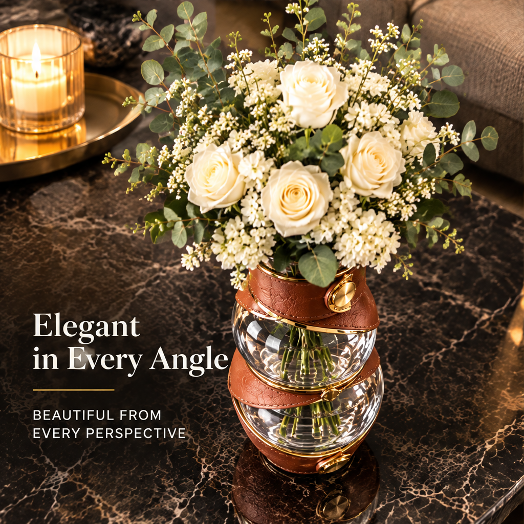 Overhead view of the cognac wrapped vase with white roses and greenery on a dark marble-look table.