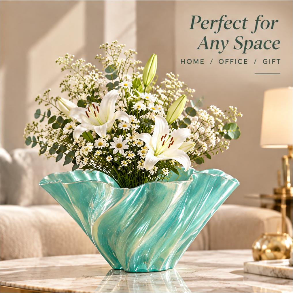 Aqua green sculptural vase styled with white flowers in a living room, with home, office and gift text.