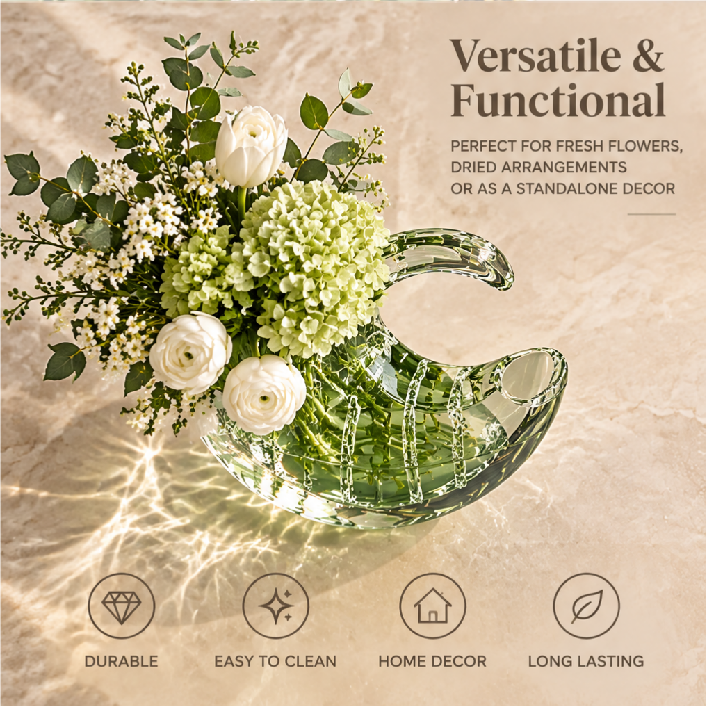 Clear crescent vase viewed from the opposite side with white blooms and unique crescent design text.