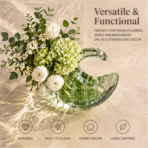Clear crescent vase viewed from the opposite side with white blooms and unique crescent design text.