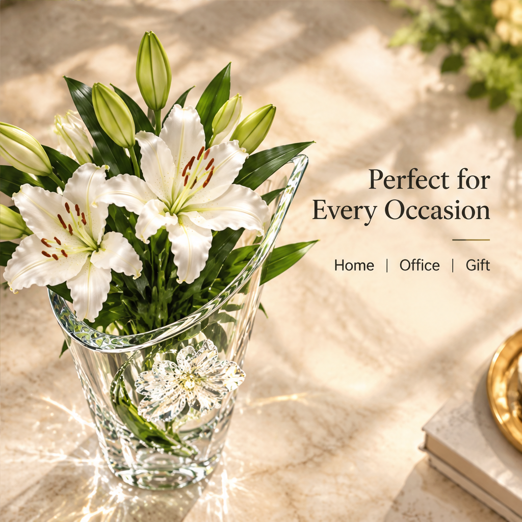 Overhead view of the clear slanted-rim floral vase with white lilies and gifting text.