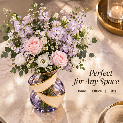 Overhead view of the lavender and cream vase with pink and purple blooms and suggested uses.