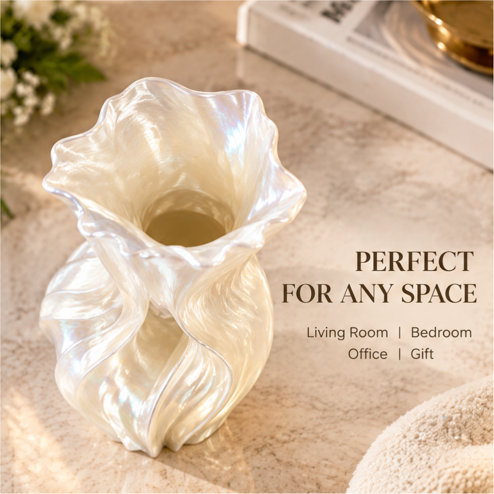 Overhead view of the pearl white twist vase showing its wavy opening and open-center design.