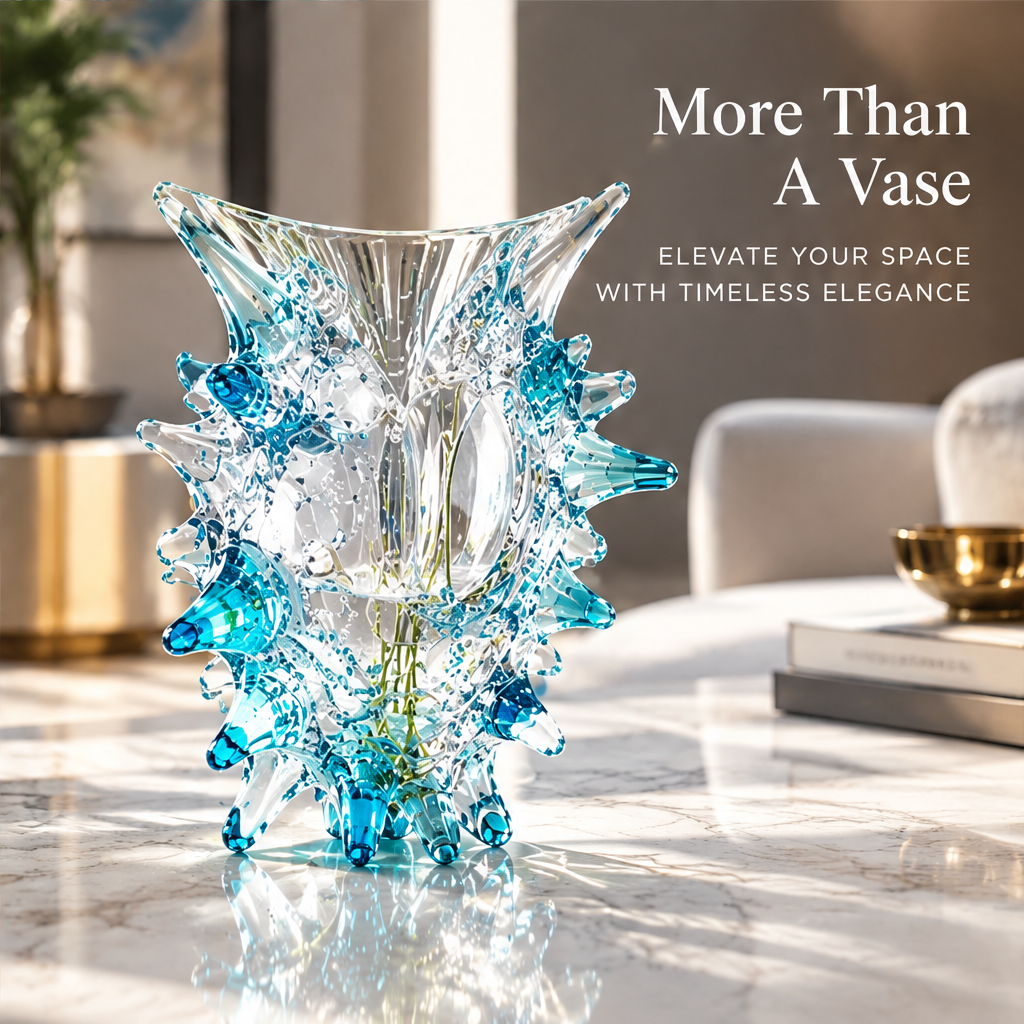 Empty clear and aqua blue sculptural vase with pointed accents and oval-shaped details.