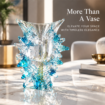 Empty clear and aqua blue sculptural vase with pointed accents and oval-shaped details.