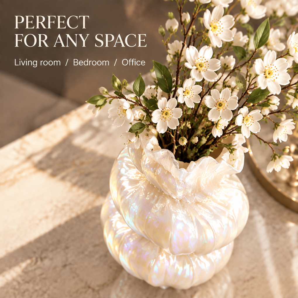 Overhead view of the pearl white tiered vase with white blossoms and room styling text.