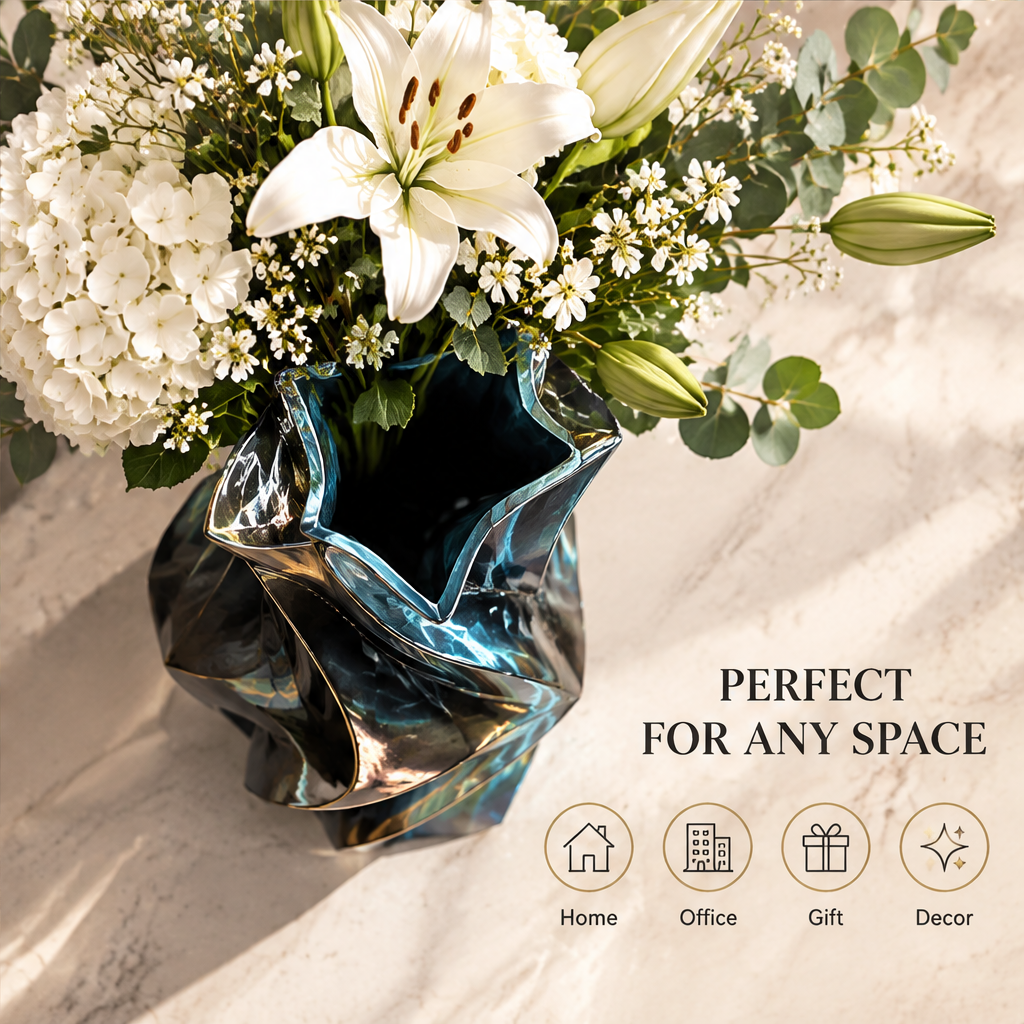 Overhead view of the dark spiral vase's angular opening beneath white flowers and greenery.