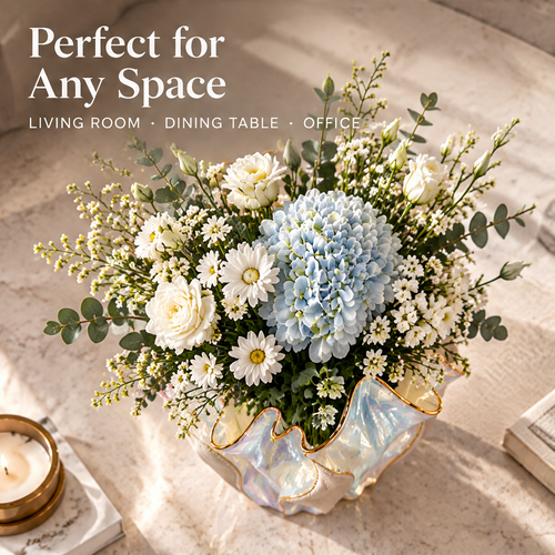 Empty pearlescent ruffled vase showing textured beige panels and gold-toned edging.