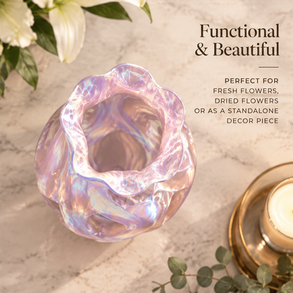 Overhead view of the lavender pink vase's rippled opening with floral styling information.