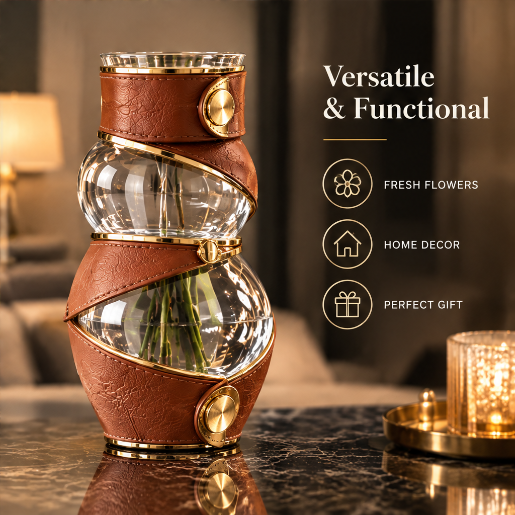 Cognac wrapped vase showing rounded contours, diagonal bands and circular gold-toned details.