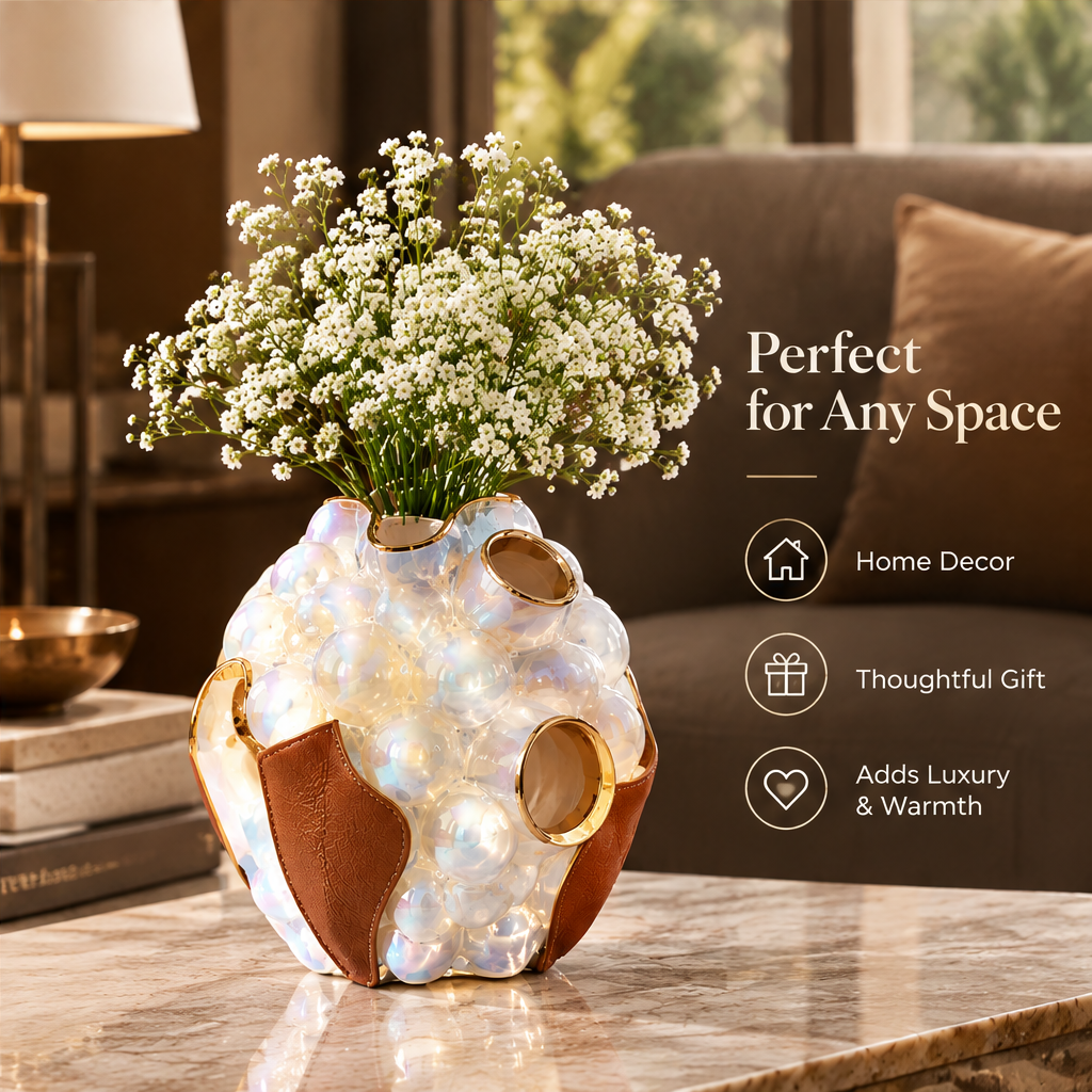 Pearlescent bubble vase styled in a living room with home decor and gifting suggestions.