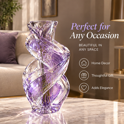 Lavender sculptural vase showing broad spiral bands around its central opening with gifting text.