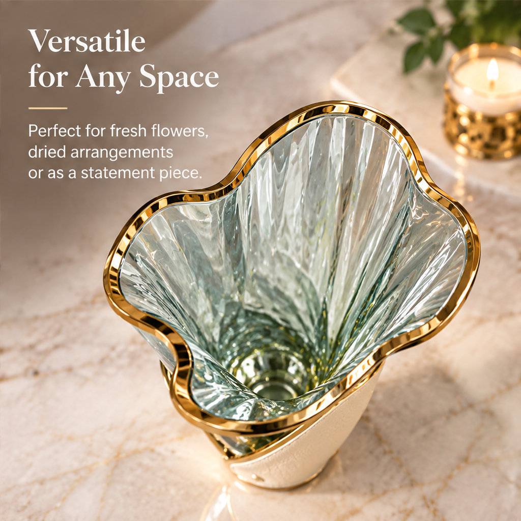 Empty flared wave vase showing its sage-green upper section, cream panel and undulating rim.