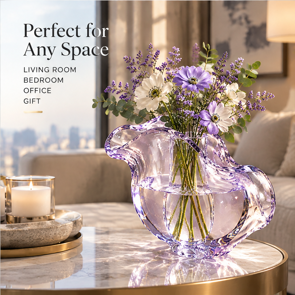 Lavender wave vase with flowers in a living room, with room and gifting suggestions.